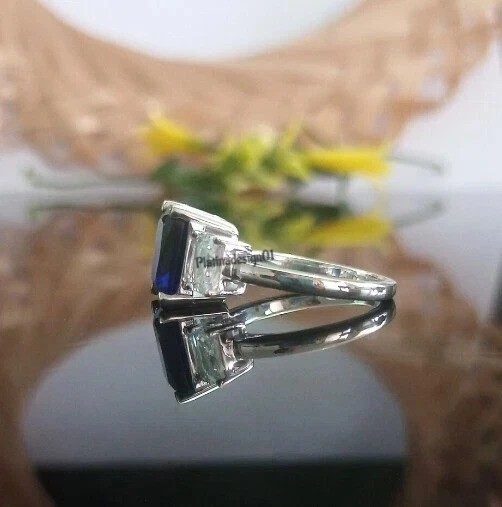 Art Deco Style 3 Stone Emerald Cut Lab Created Sapphire 925 Silver Wedding Ring