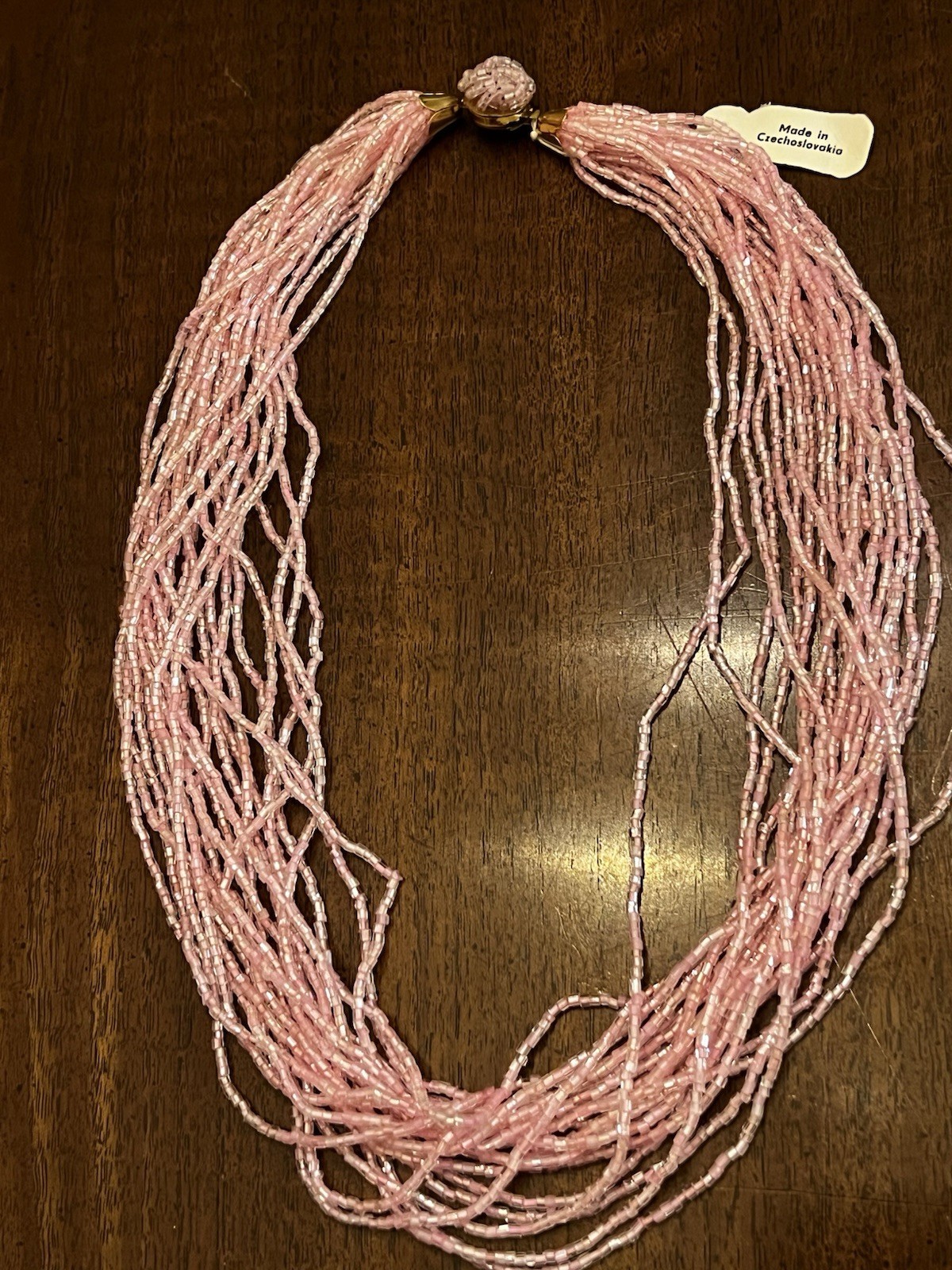 Vintage Czech Pink Glass Multi Strand Necklace Gold Tone NWT Nice!