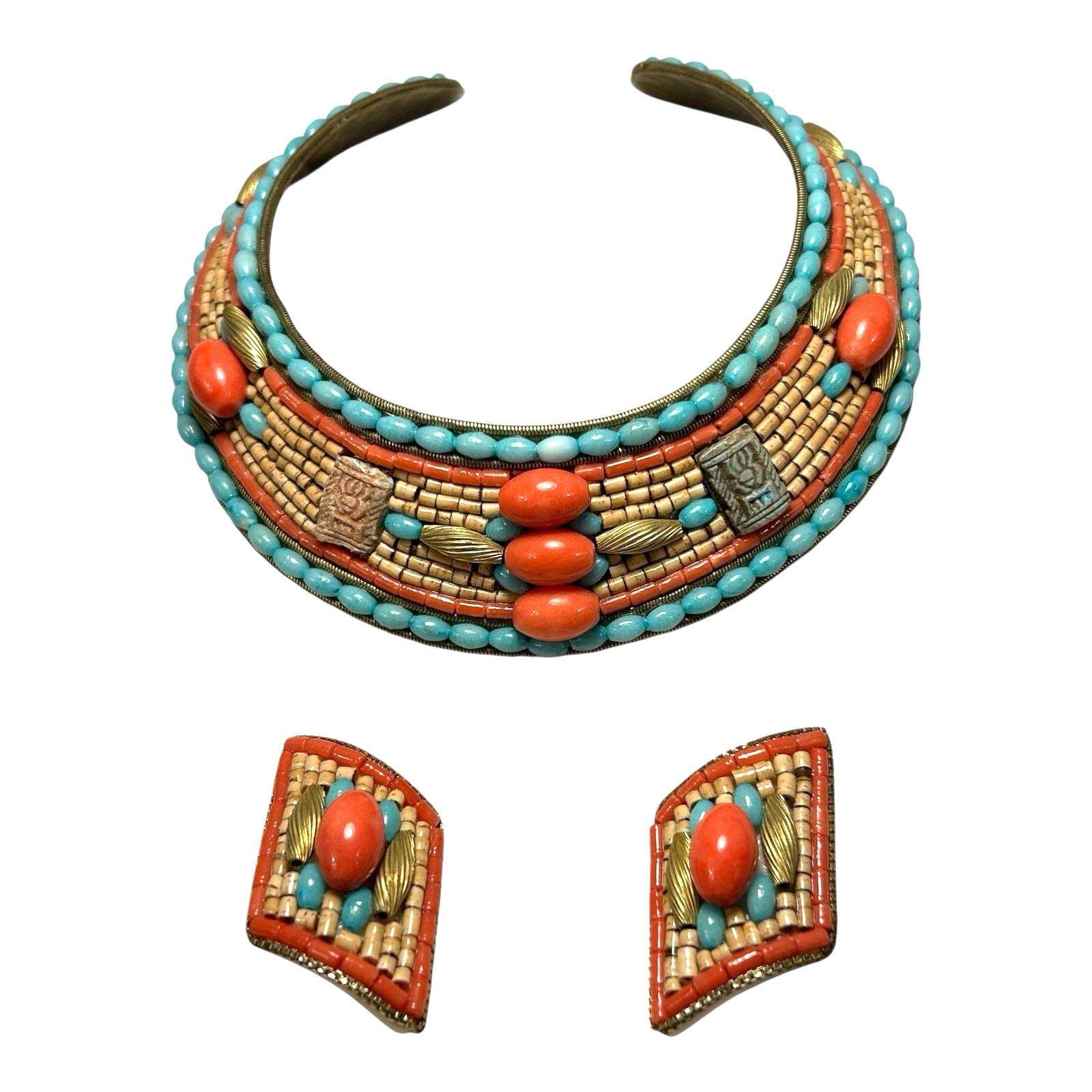 Vintage Egyptian Revival Turquoise Coral Collar Necklace & Earrings – MJ Hansen