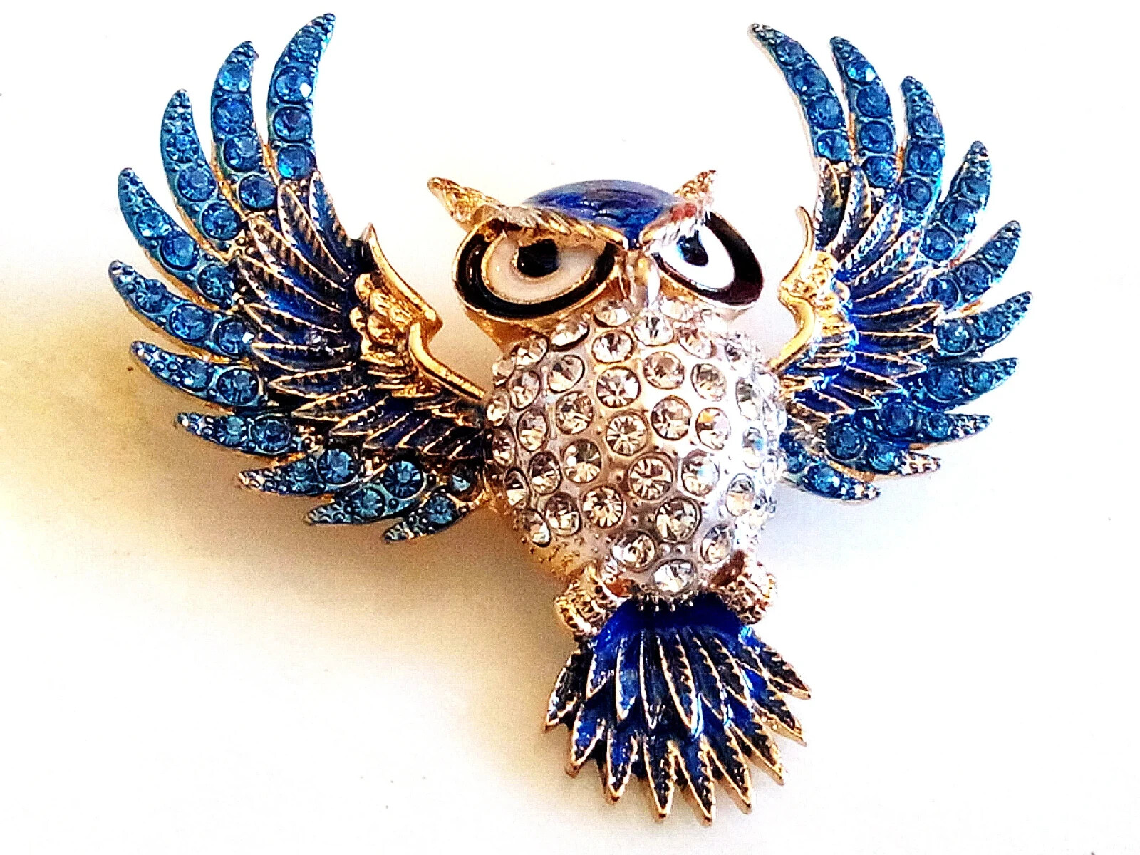 RHINESTONE OWL BROOCH! Enameled Wise Bird Pendant/Pin. Deep Blue Crystals.