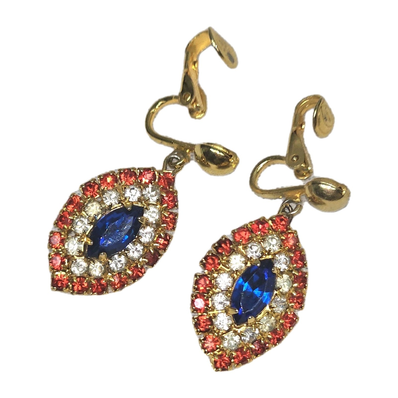 Vintage Patriotic Red White Blue Rhinestone Clip On Earrings | 1.5″ | Gold Tone