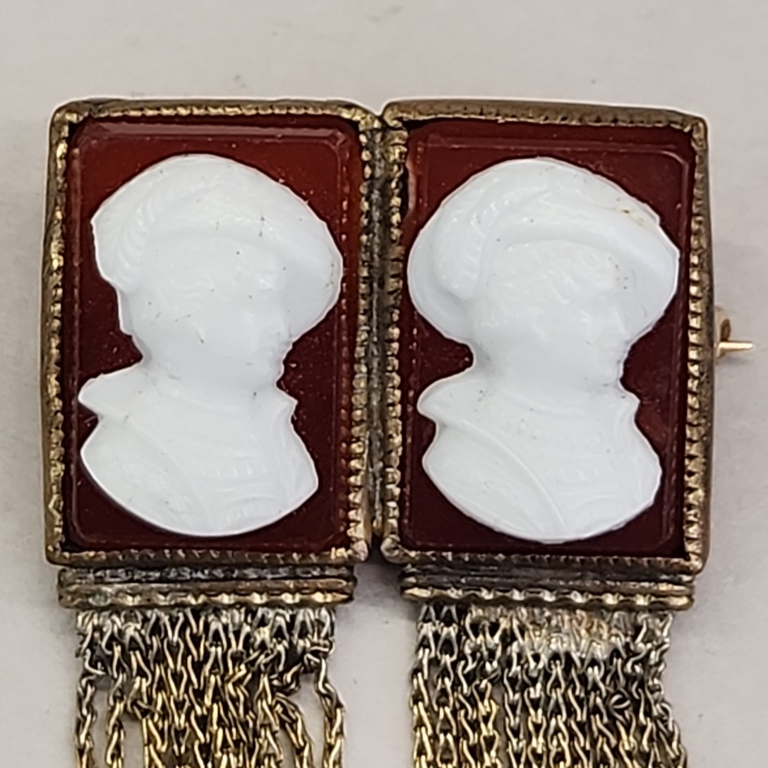 Antique Double Cameo Glass Brooch Red White Face Tassels Gold Filled Unique 2″