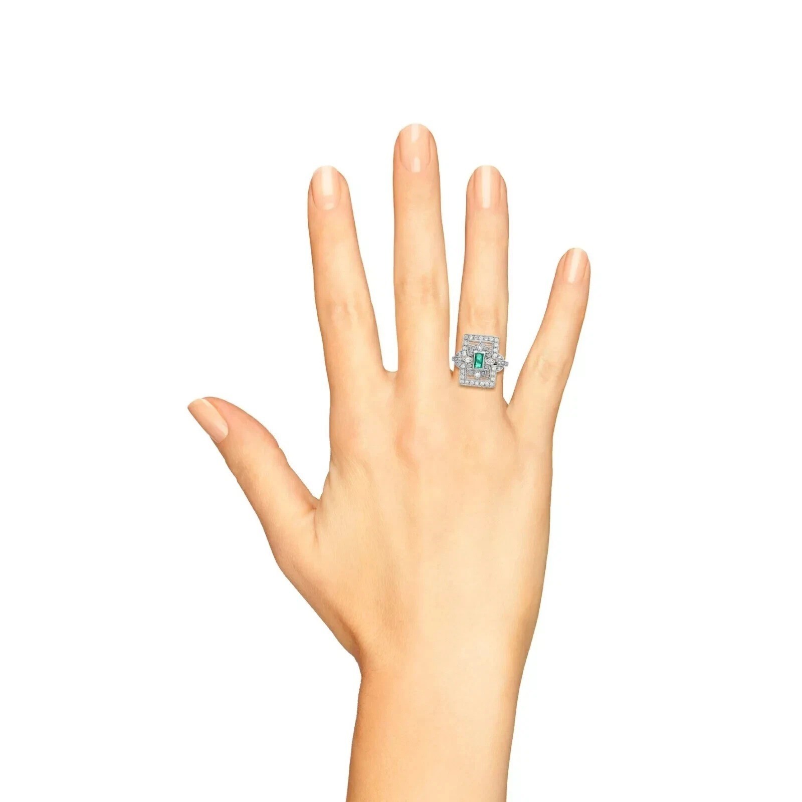 2.84Ct Art Deco Style Green Lab Created Emerald & Diamond 14K White Gold FN Ring