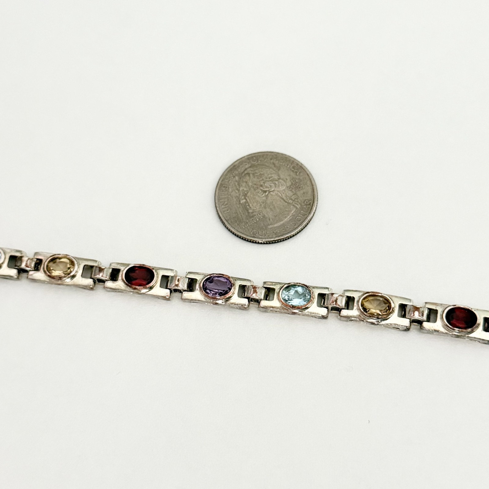 Vintage 925 Sterling Silver Genuine Multi Gemstone Tennis Bar Link Bracelet 7″