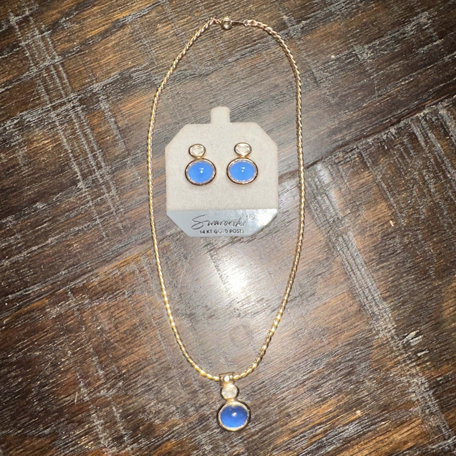 Vintage Swarovski Set Necklace Earrings Gold Tone Blue Clear Crystal DS Co Stamp