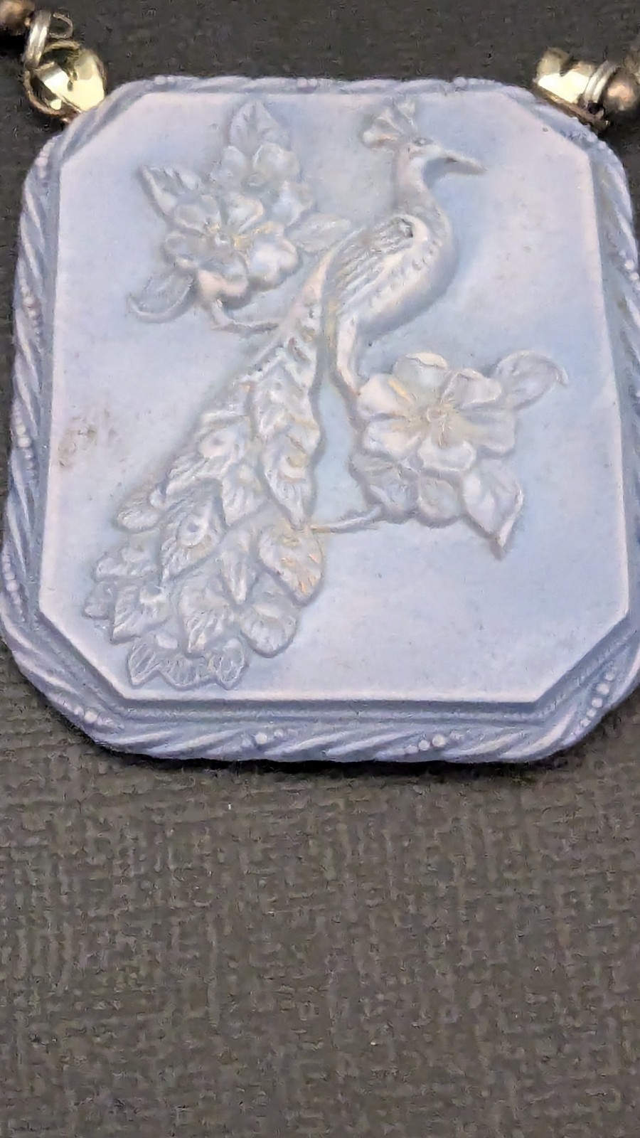 Vintage Light Blue Embossed Peacock Necklace – possibly Celluloid? With Earrings