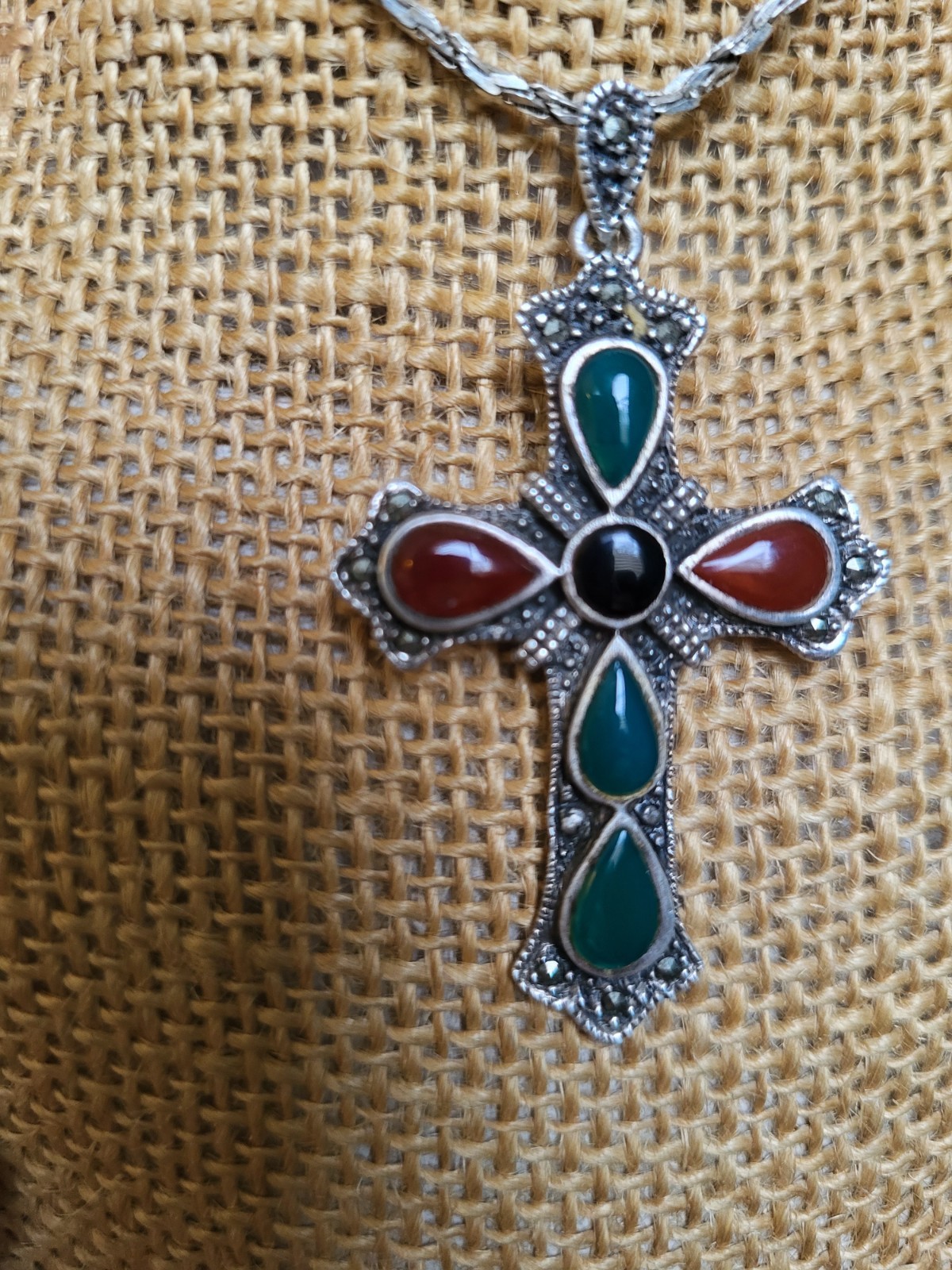 sterling silver gemstone large cross with very nice heavy sterling chain