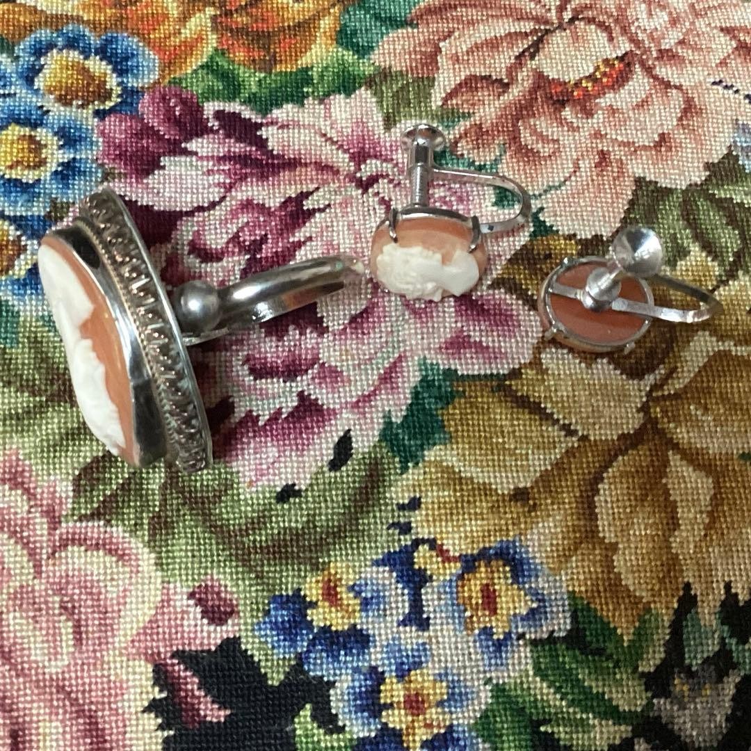 Semi Antique Shell Cameo Silver Ring & Earring