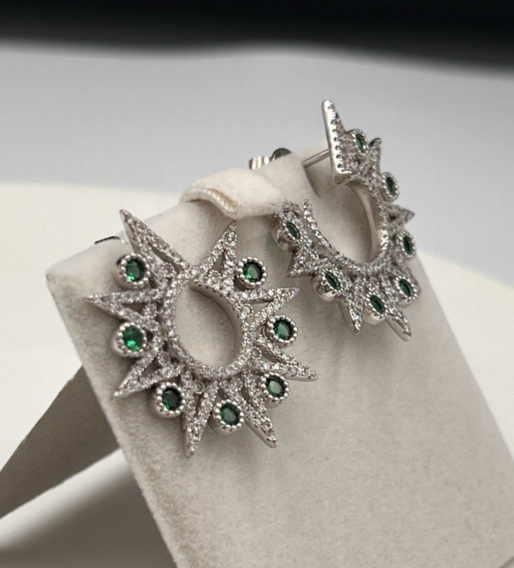 Vtg Sterling Star Point Statement Earrings, Emerald Green & Clear CZ Settings