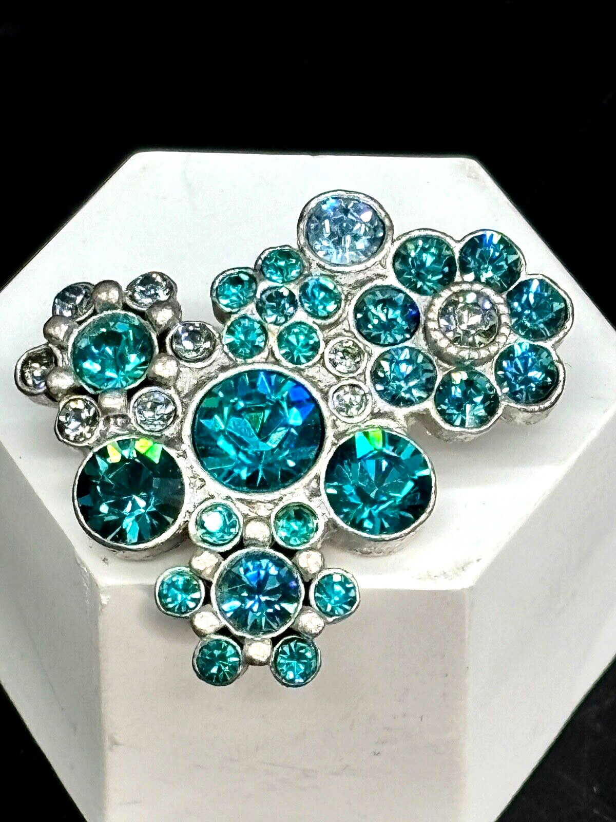 Pilgrim Blue Floral Swarovski Crystal Pin Brooch Silver Tone Setting Denmark