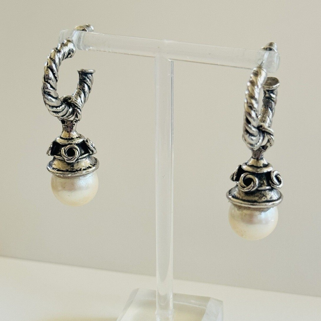 Regal Cuff Earrings VTG Dangle Silver Plated Pearl Cabochon Hoop pierced 90s