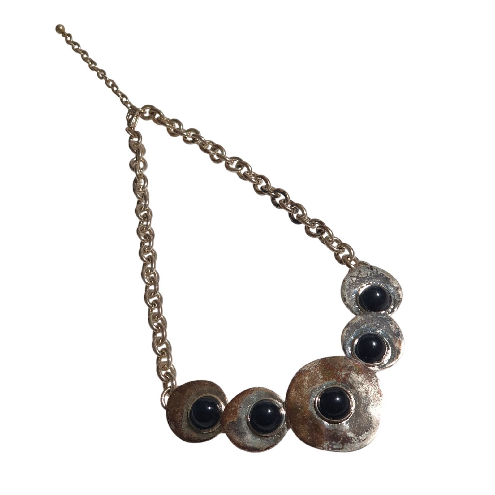 Vintage Chunky Silver Tone Chain Necklace Black Cabochon Discs Statement Jewelry