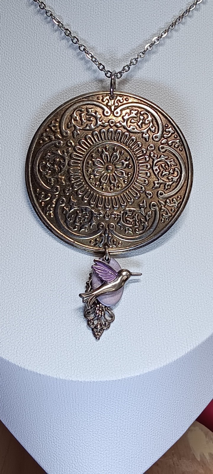 Hummingbird Necklace Purple Silvertone Repousse Pendant Ornate Design Filigree