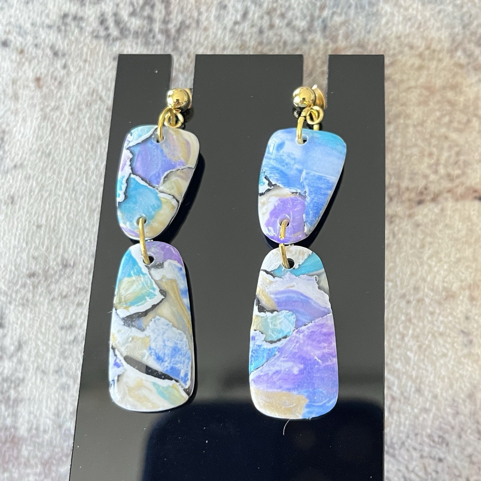Rectangle Dangle Pierced Earrings Blue, Purple, White Swirl Glam MCM Gold Tone