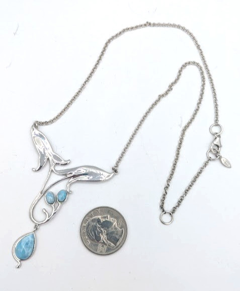 Vintage Floral Pendant Necklace Sterling Silver 925 Thailand Blue Glass