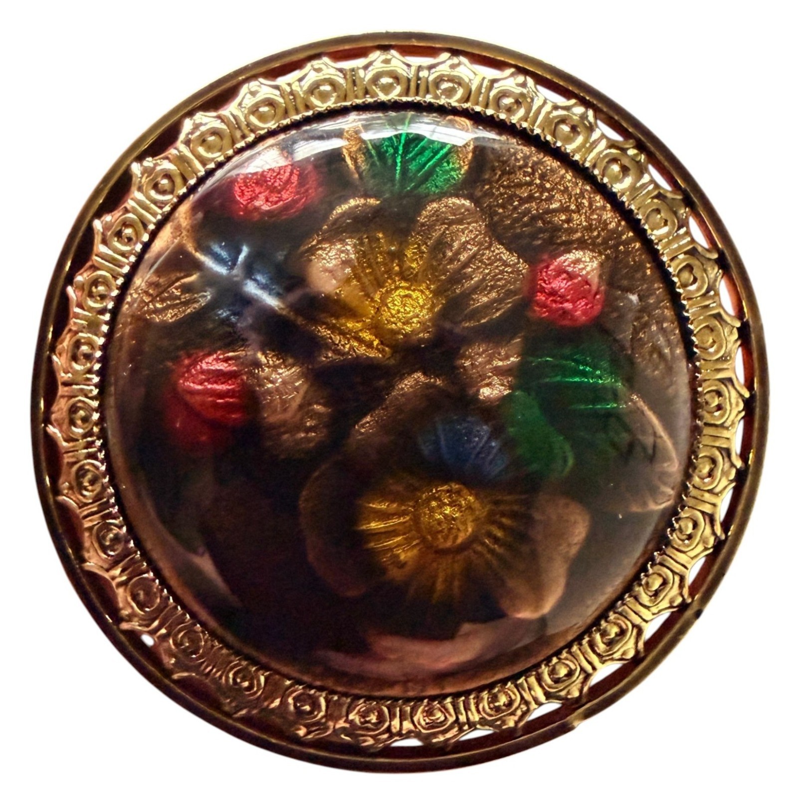 Vintage Reverse Carved Lucite Brooch Gold Tone Floral Pin 1950s New Old Stock