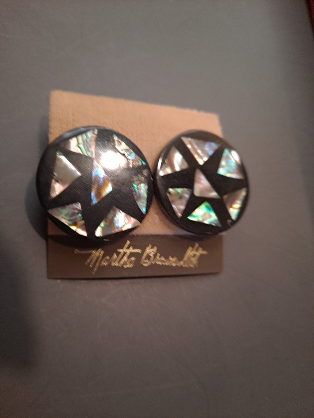 Vintage 80s 90s Black Round Inlaid Abalone Shell Pierced Earrings