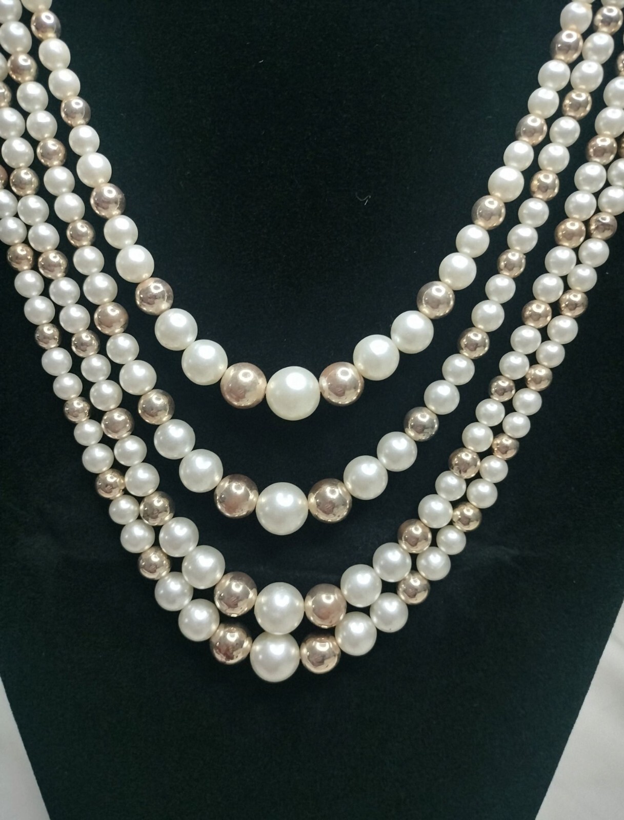 Vintage Multi Strand Faux Pearl Necklace White Gold Tone Decorative Hook Clasp 1
