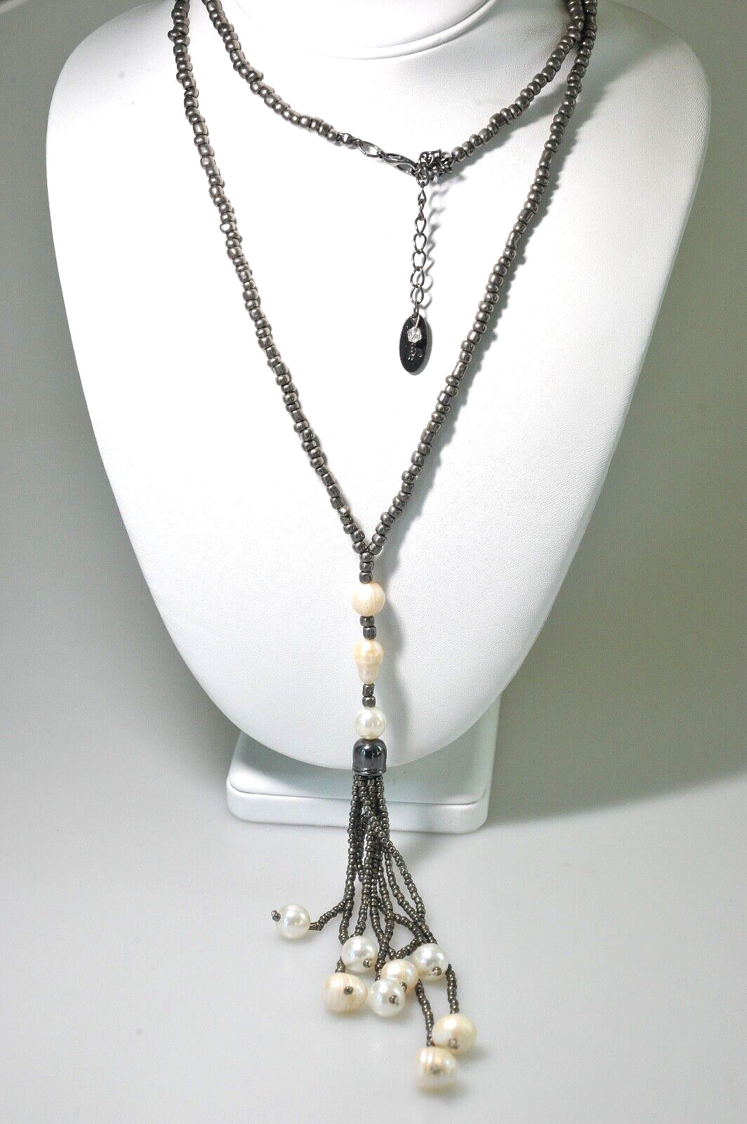 Jules B signed Trendy long faux pearl bead dangle drop tassel Necklace BD7