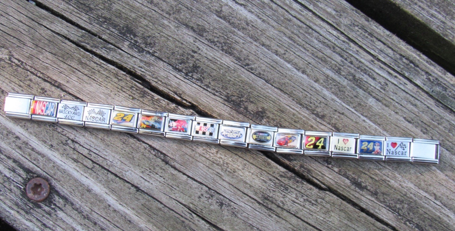 VINTAGE NASCAR Italian Charm Bracelet Stainless Steel 6in long