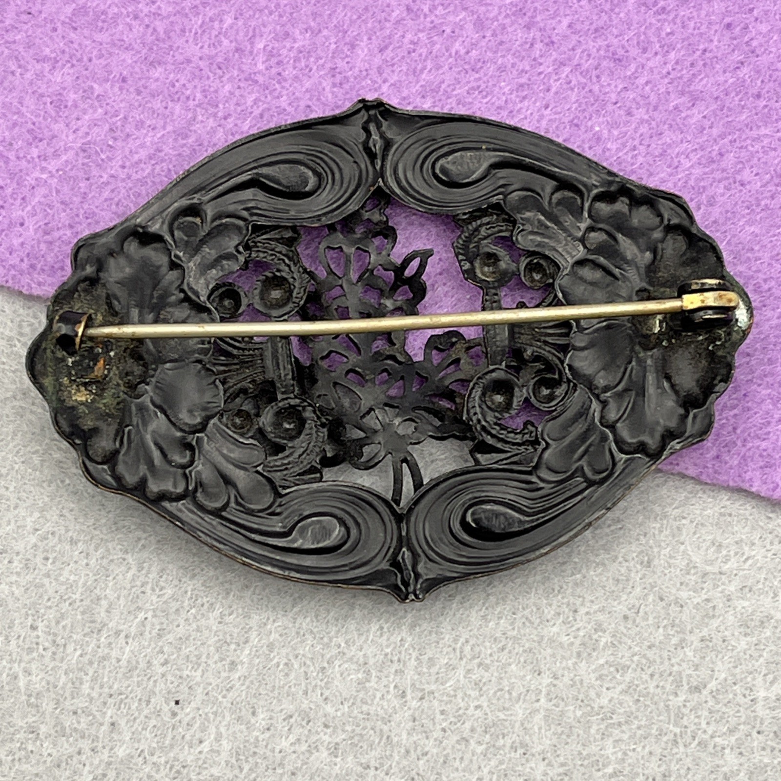 Antique Victorian Era Berlin Iron Style Mourning Brooch Filigree Scrools 2.75″