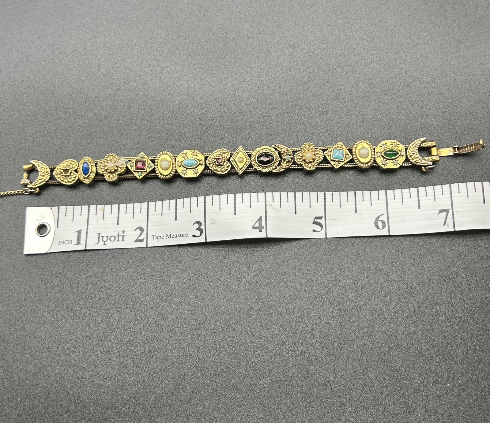 VTG Goldette Slide Bracelet Victorian Revival Multi Stone Crescent Moon