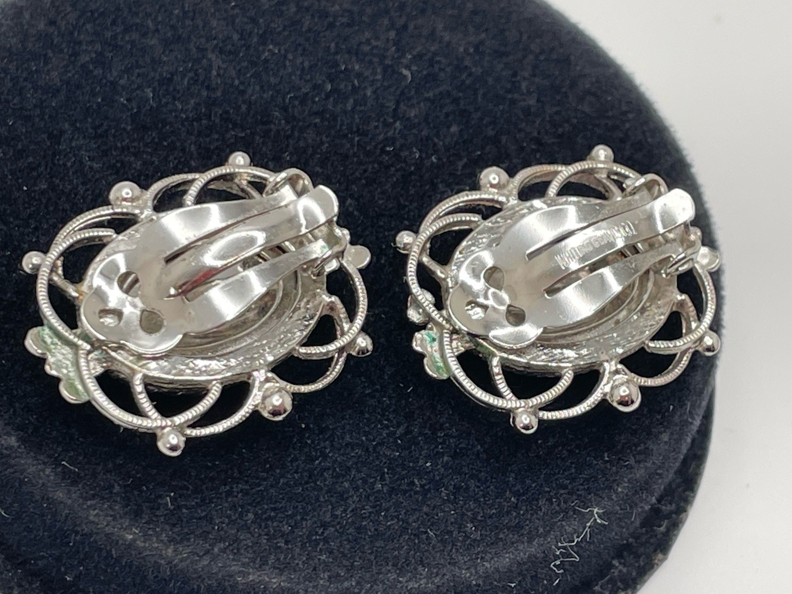 Vintage Whiting & Davis Silver Hematite Cameo Clip EARRINGS Filigree Signed