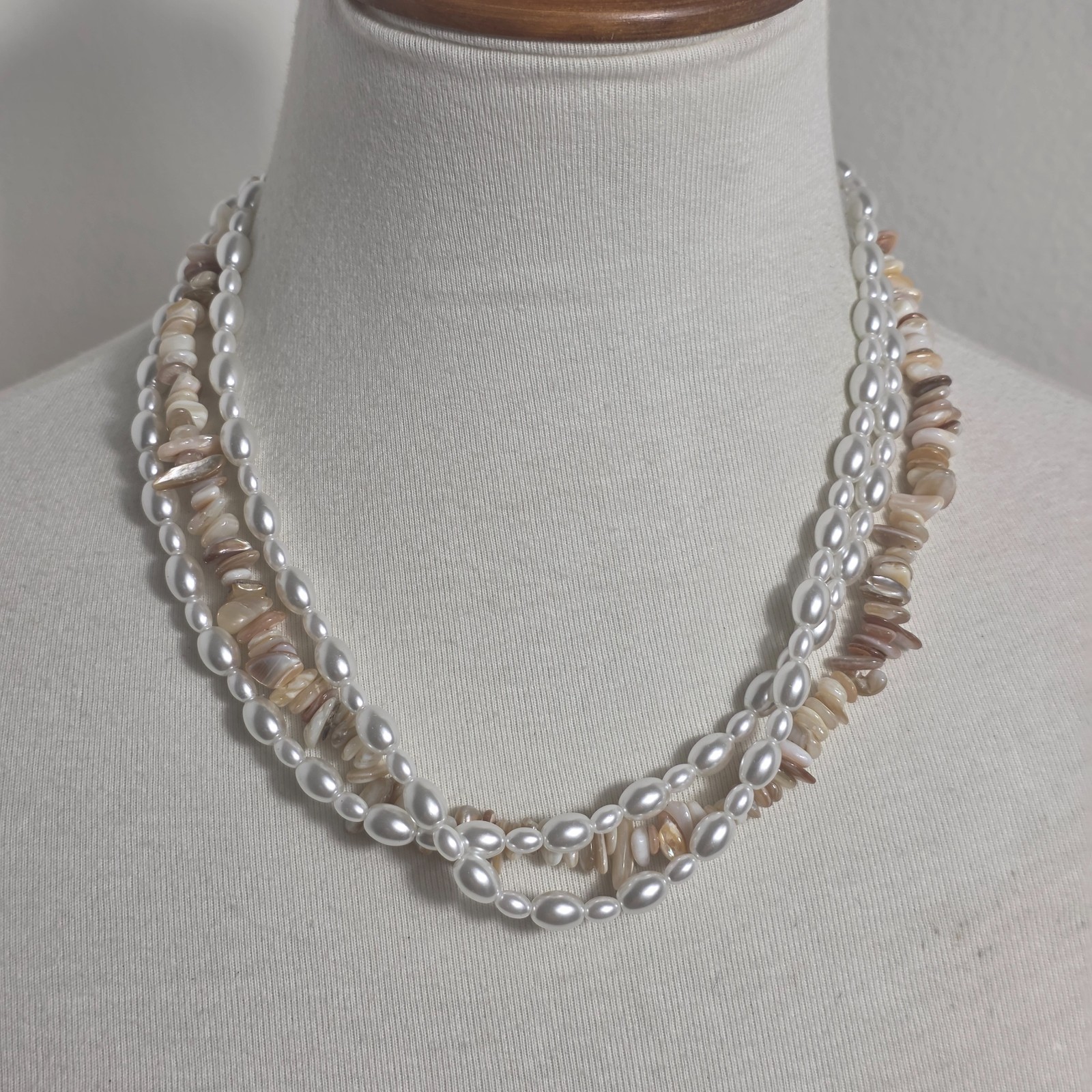 Vintage Inspired Multi-Strand Necklace Faux White Pearls & Earthtone Shell Chips