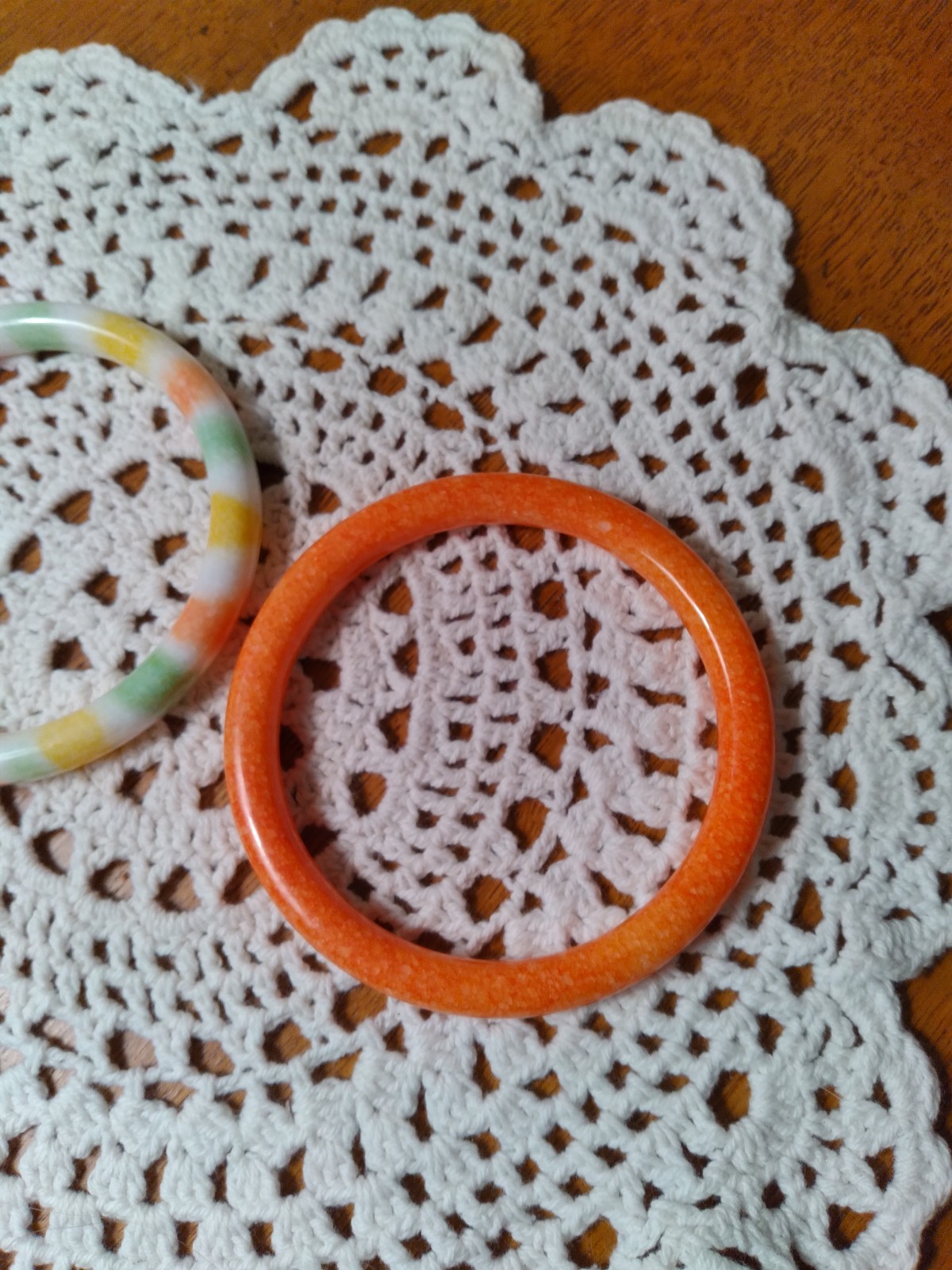 Vintage Glass Bangle Bracelets Set of Two Faux Jade Orange Green yellow