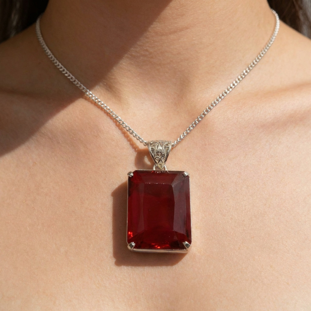 Handmade Red Ruby Pendant Necklace 100-110CT, Large Emerald Cut Gemstone Jewelry