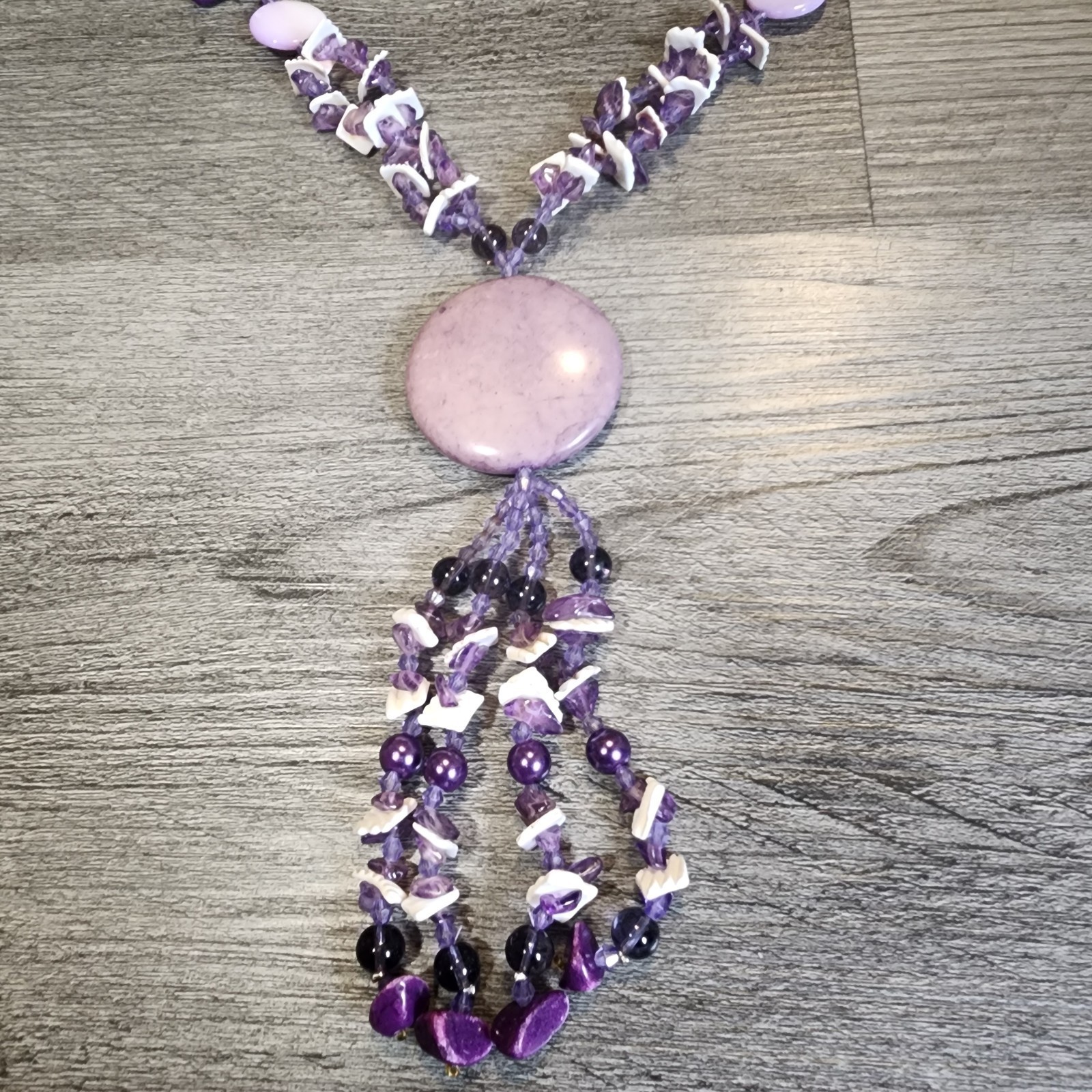 Vintage Necklace Purple Stone Seashell Rock Crystal Quartz Bead Tassel 20″ Shell
