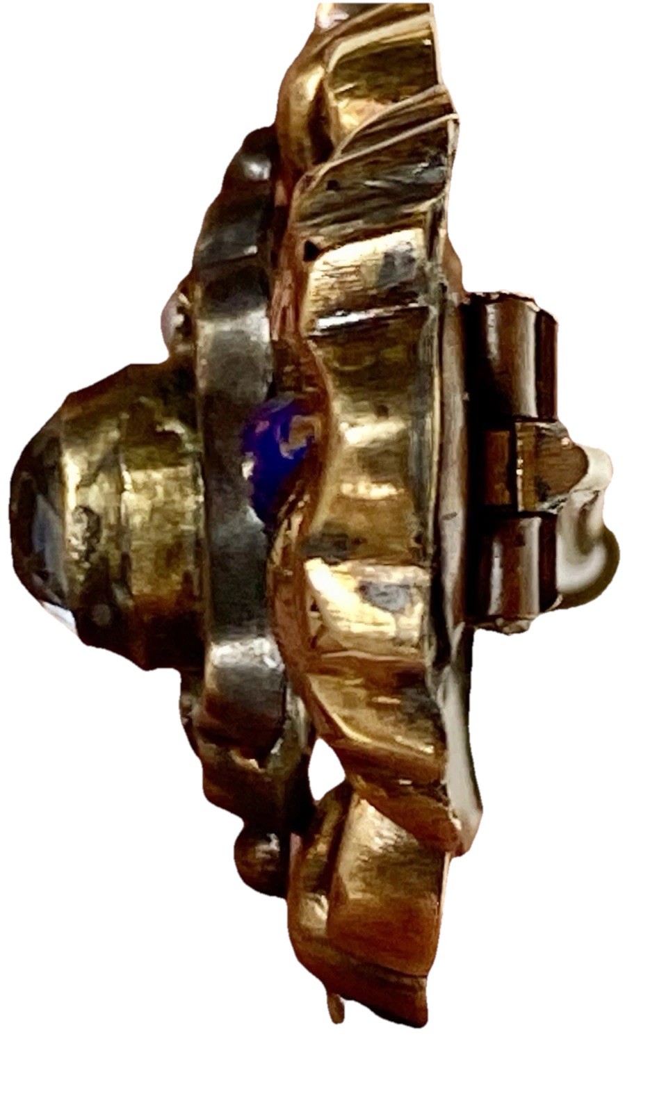 Antique 10K Yellow Gold Blue Enamel, Seed Pearls, Paste Diamond 7.3 grams 1-5/8″