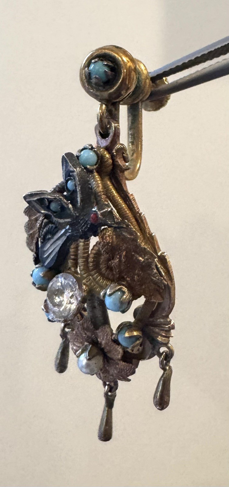 Antique Victorian Single Earring Gold Gilt Bird Nest Turquoise Coral Stone