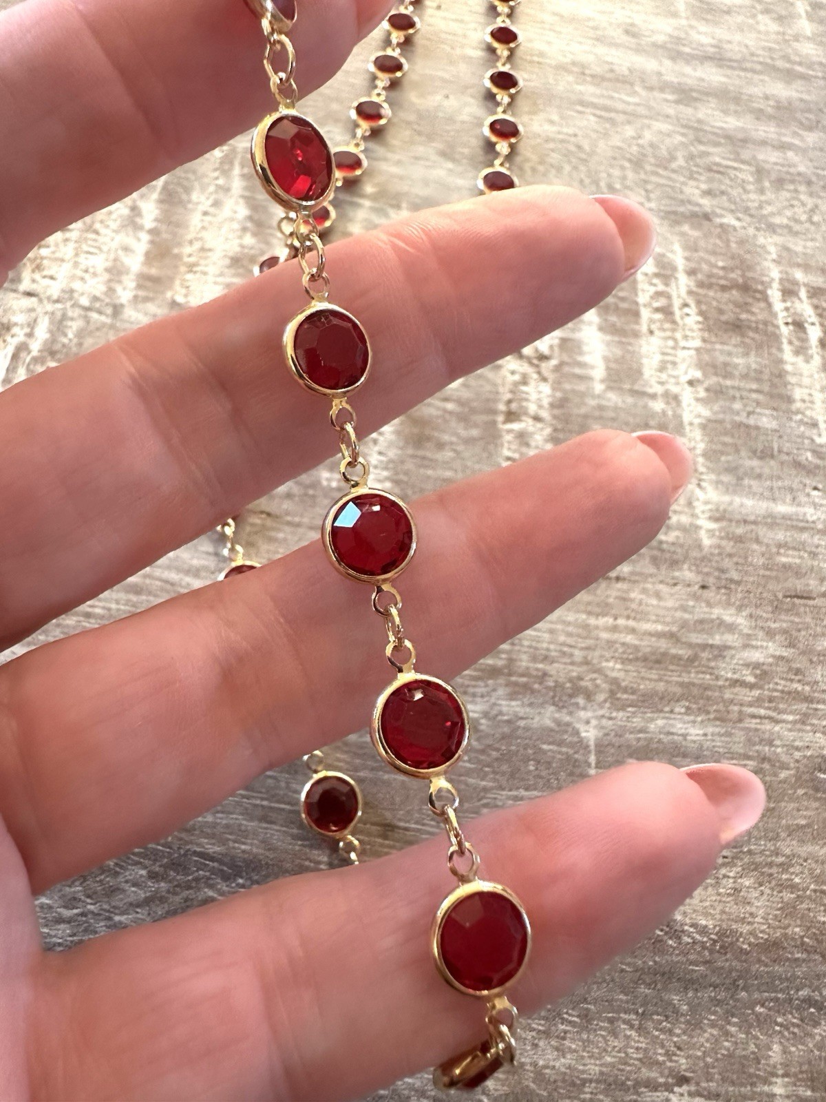 Vintage Swarovski Swan Signed Red Crystal Open Back Bezel Set Gold Tone Necklace