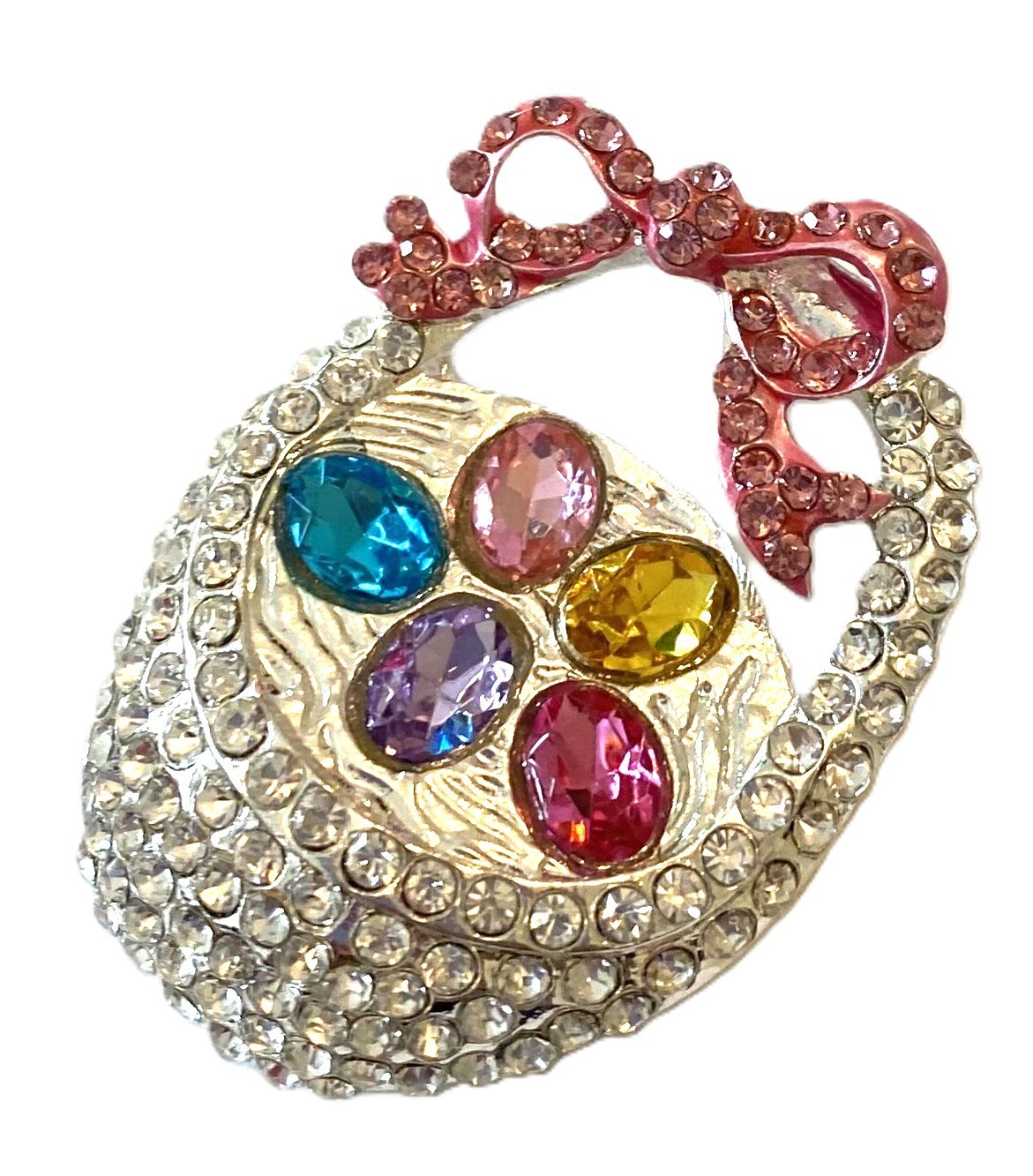 ADORABLE EASTER EGG BASKET BROOCH! Cute Spring, Easter Fun. Silver Tone Pin.