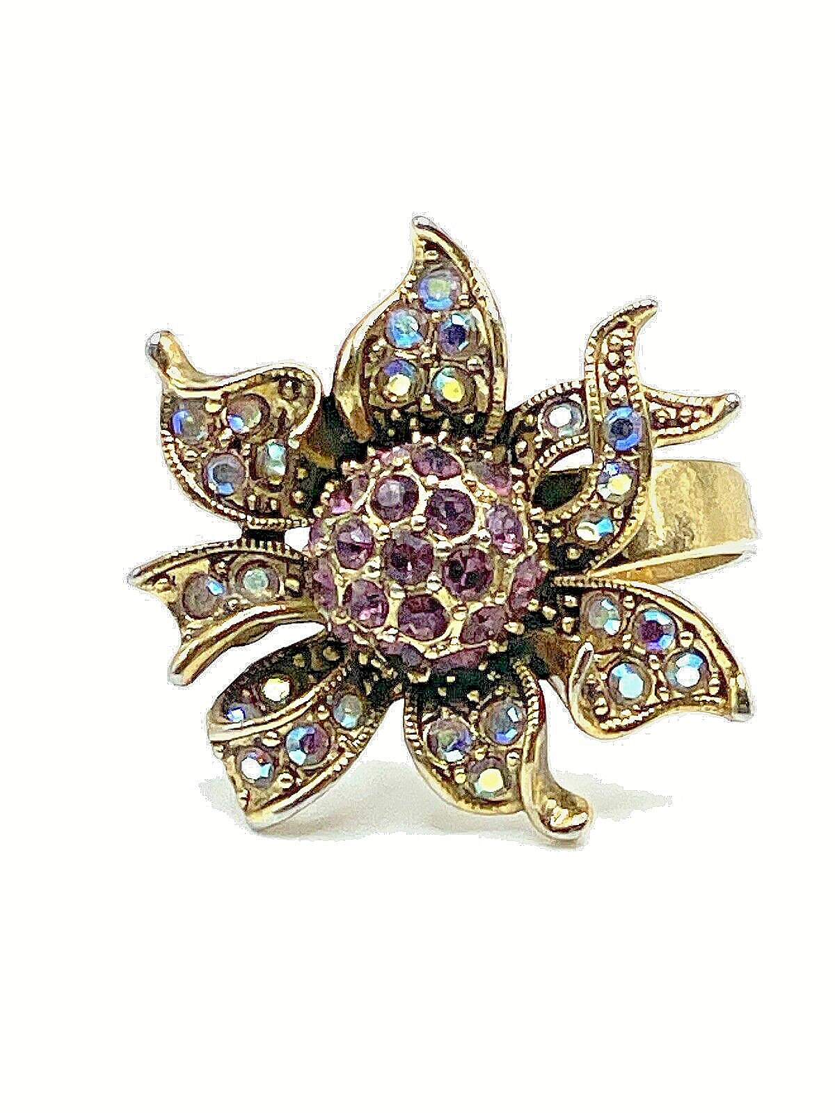 Sunburst AB Crystal Sunflower Gold Expandable Cocktail Ring Vintage Estate Piece