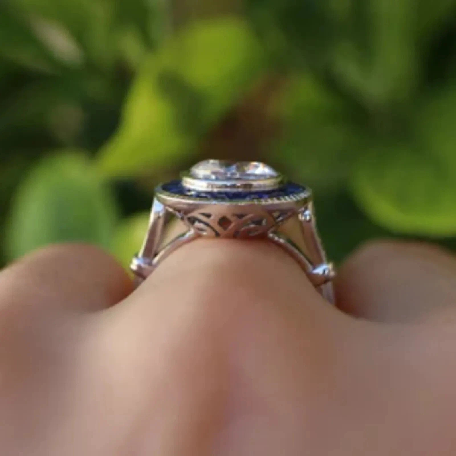 Art Deco Style Halo Lab Created Diamond Sapphire 14K White Gold FN Wedding Ring