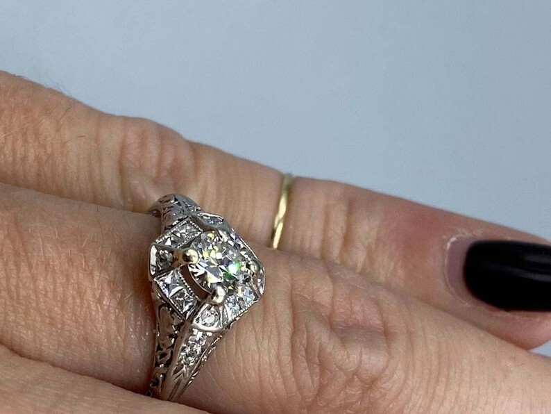Art Deco Vintage Round Cut Lab Created Diamond 925 Silver Engagement Bridal Ring
