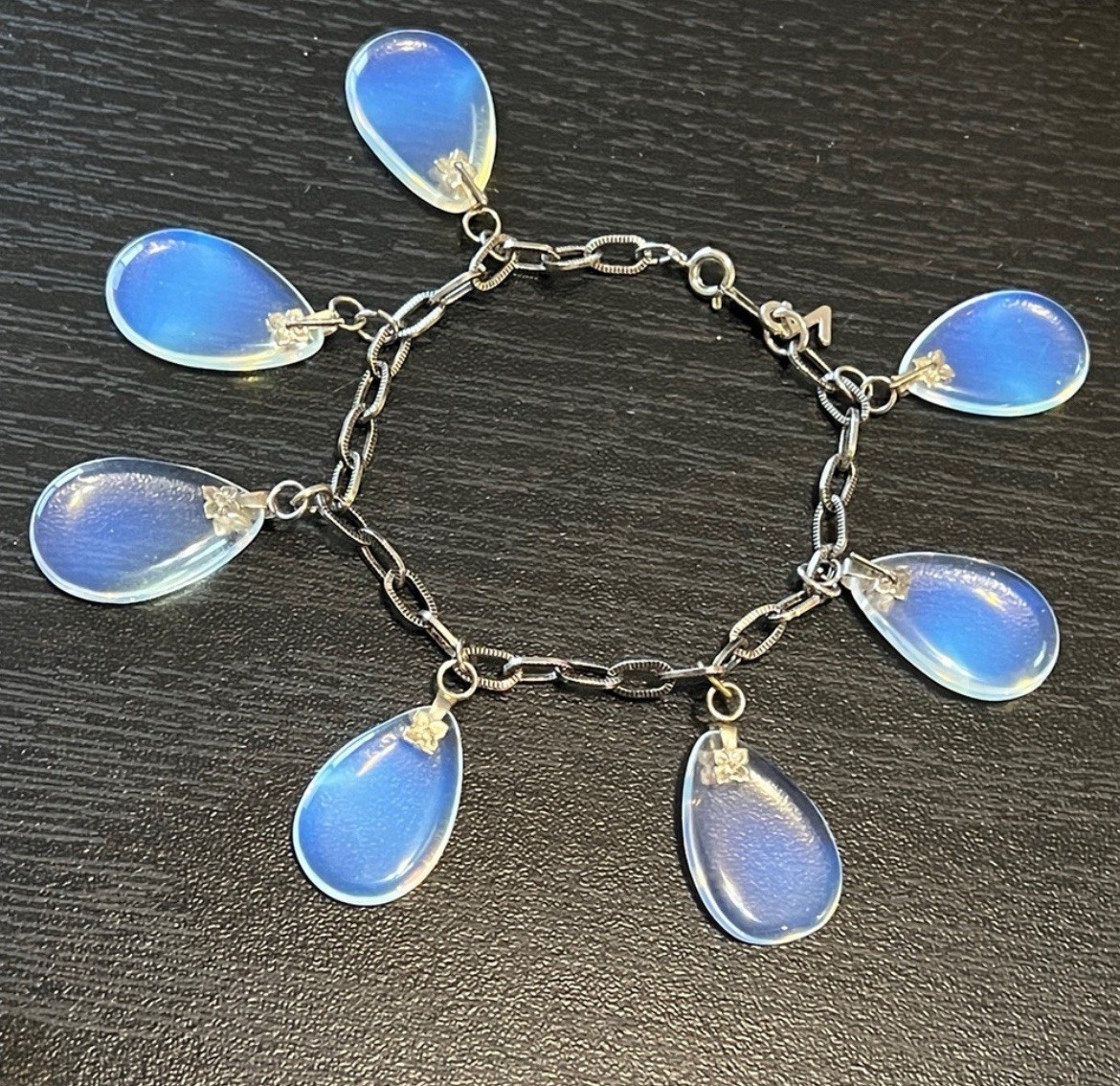 Unique Vintage French Opalescent Opaline Glass Teardrop Cha Cha Charm Bracelet
