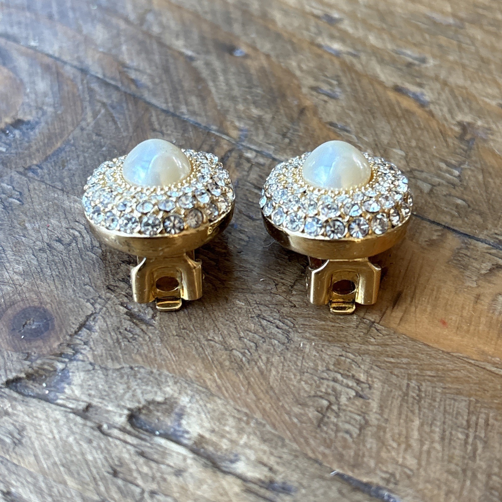Vintage Signed CHRISTIAN DIOR Clip-On Earrings With Crystals And White Pearl