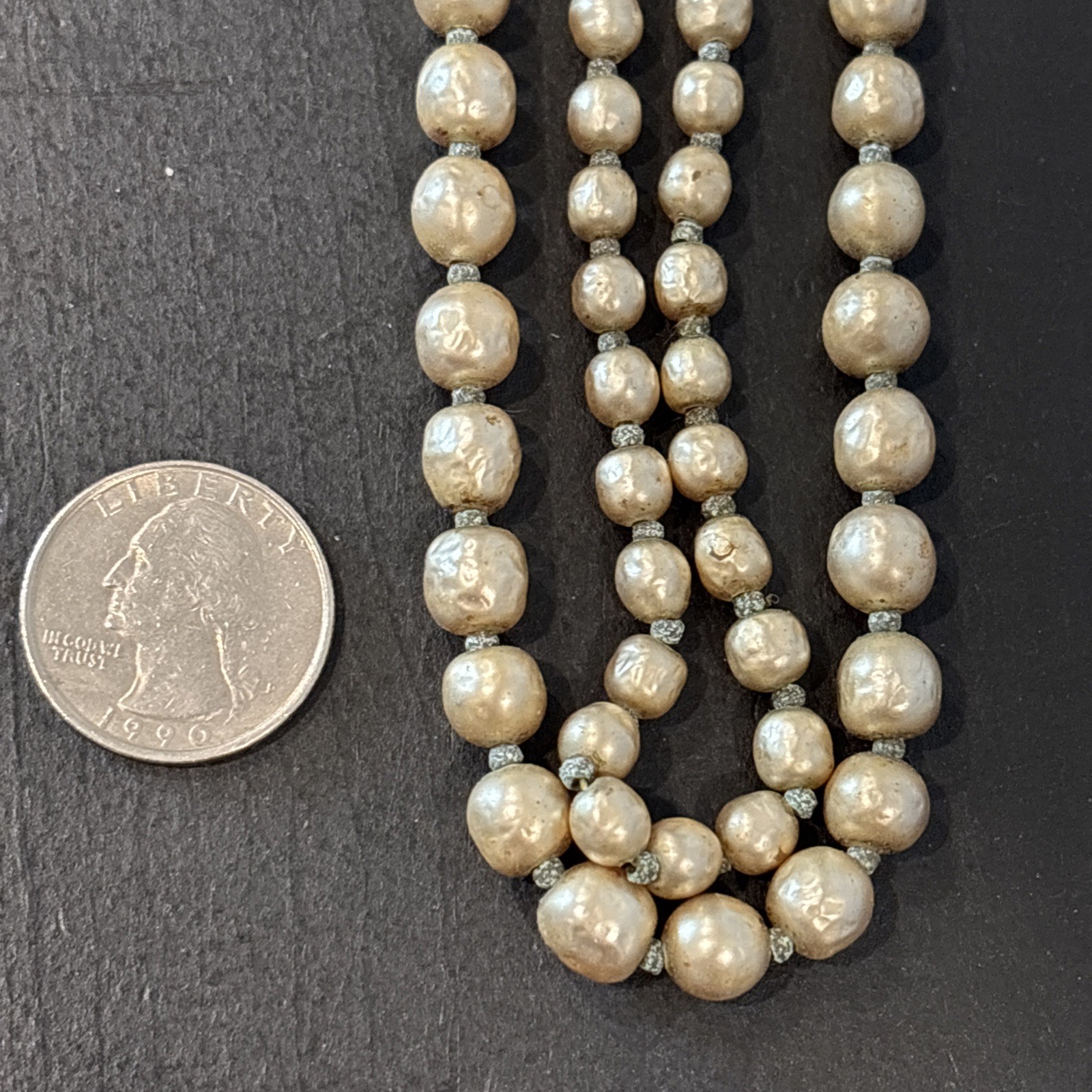 Double Strand Miriam Haskell Baroque Simulated Pearl Necklace Gold Tone Closure