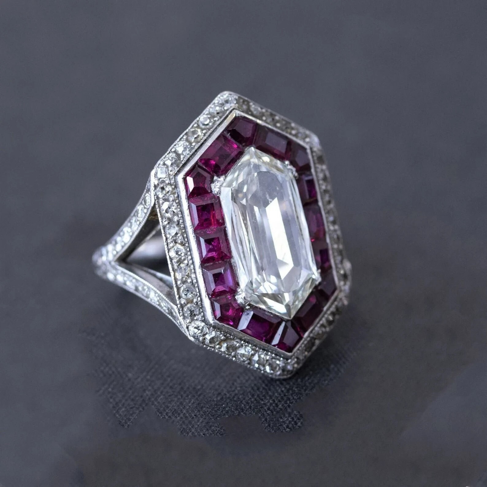 Art Deco Style 4Ct Lab Created Diamond & Ruby Anniversary 14K White Gold FN Ring