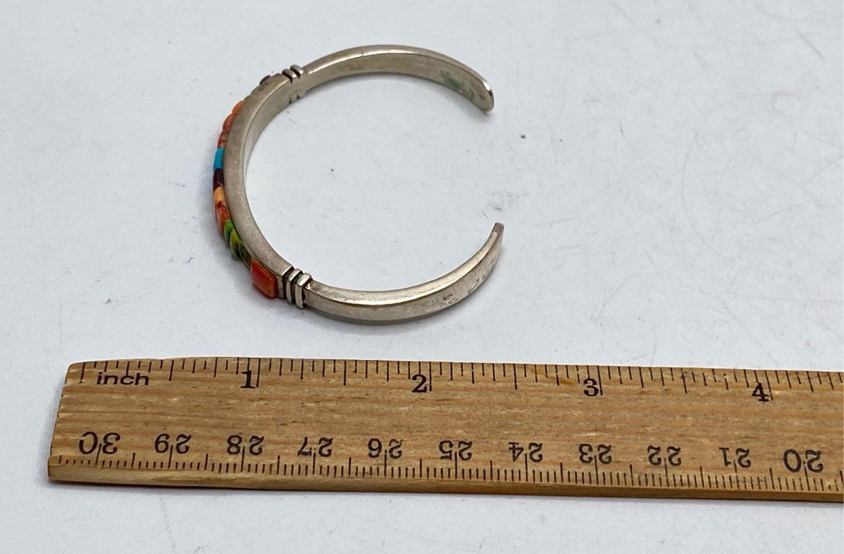 Vintage Sterling Silver 925 Multi Gemstone Inlay Cuff Bracelet Southwestern 17g