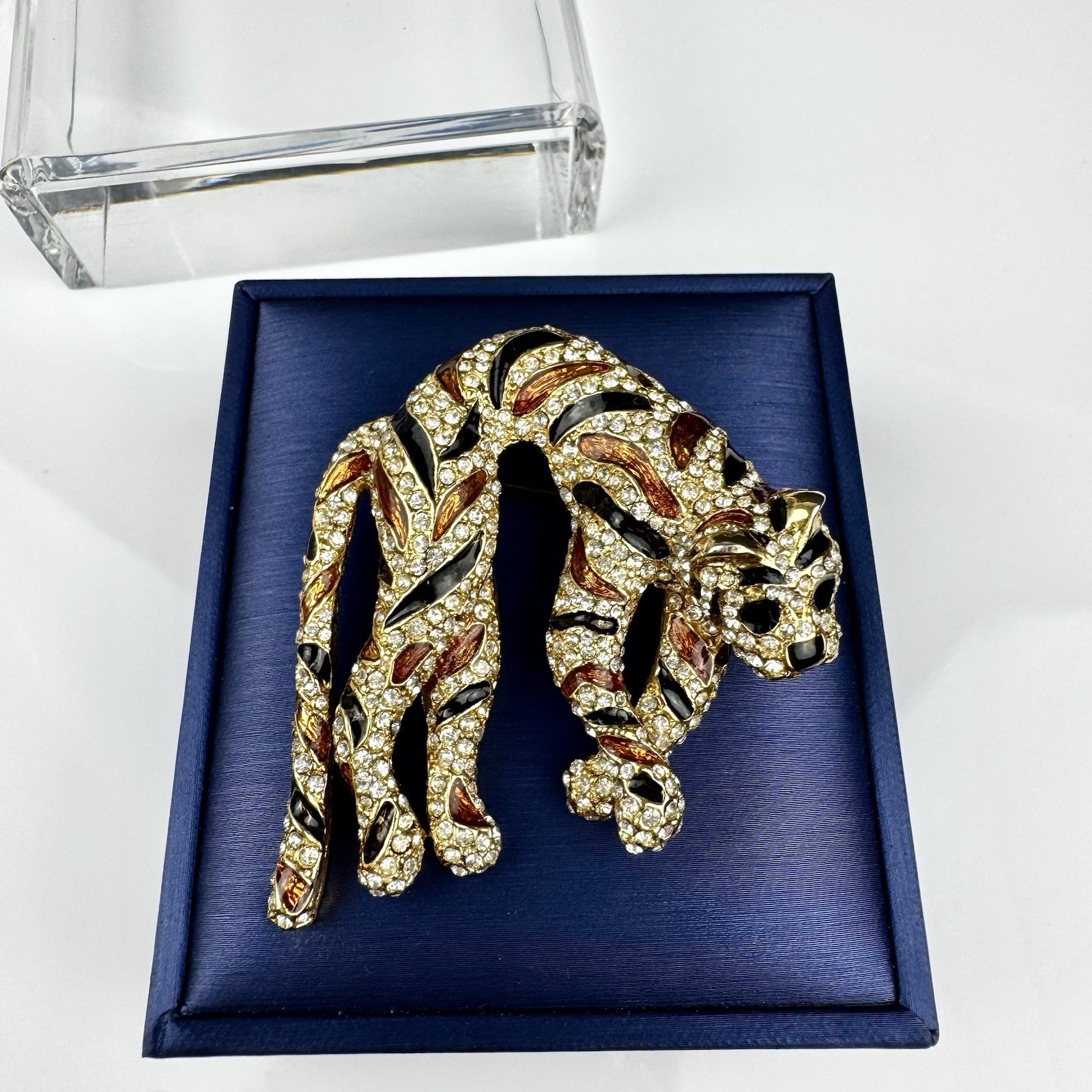 Vintage 1960’s Signed CINER Tiger Large Brooch Enamel Stripes Rhinestone
