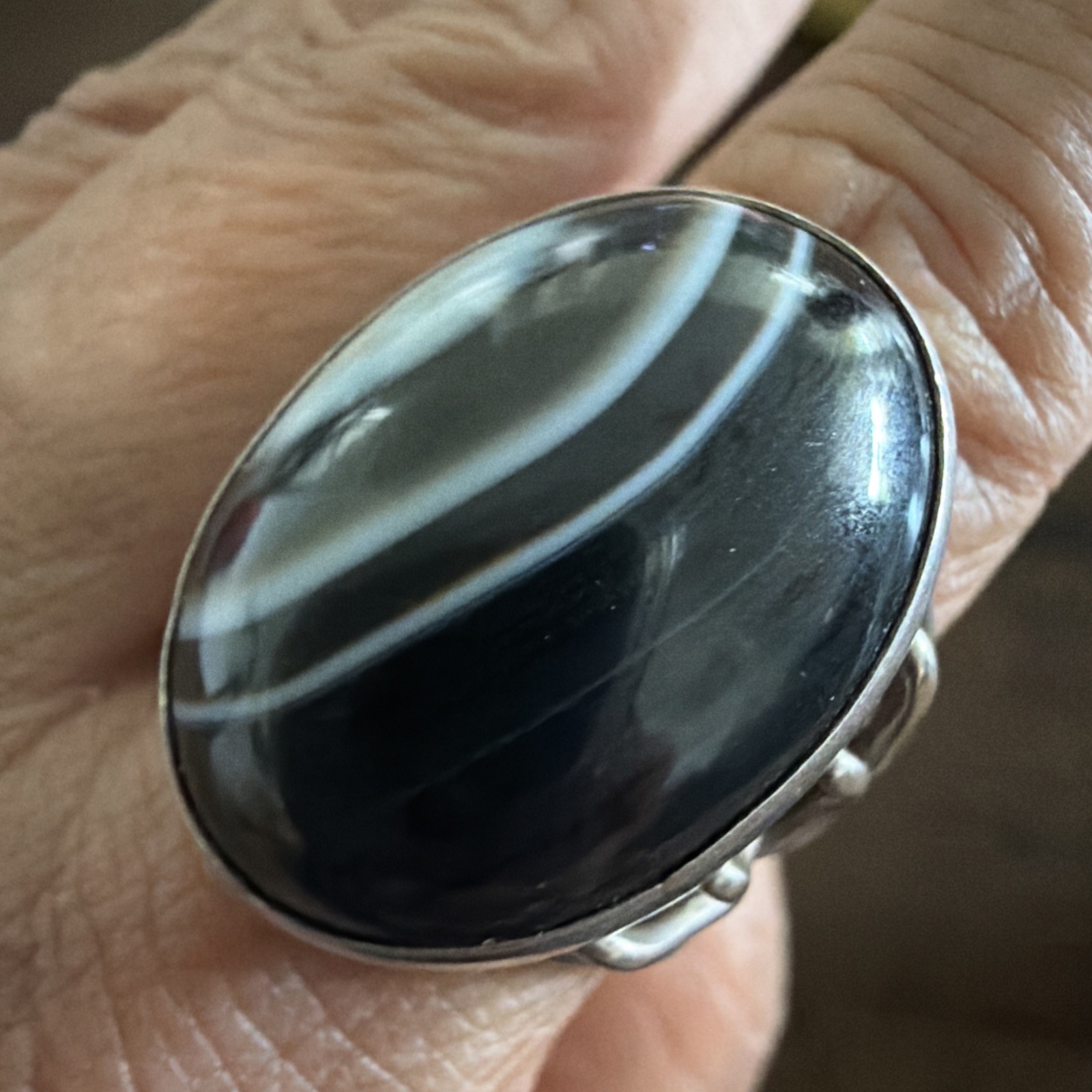 Vintage Sterling Silver Black Sardonyx Agate Statement Ring Size 9.5 12.5g