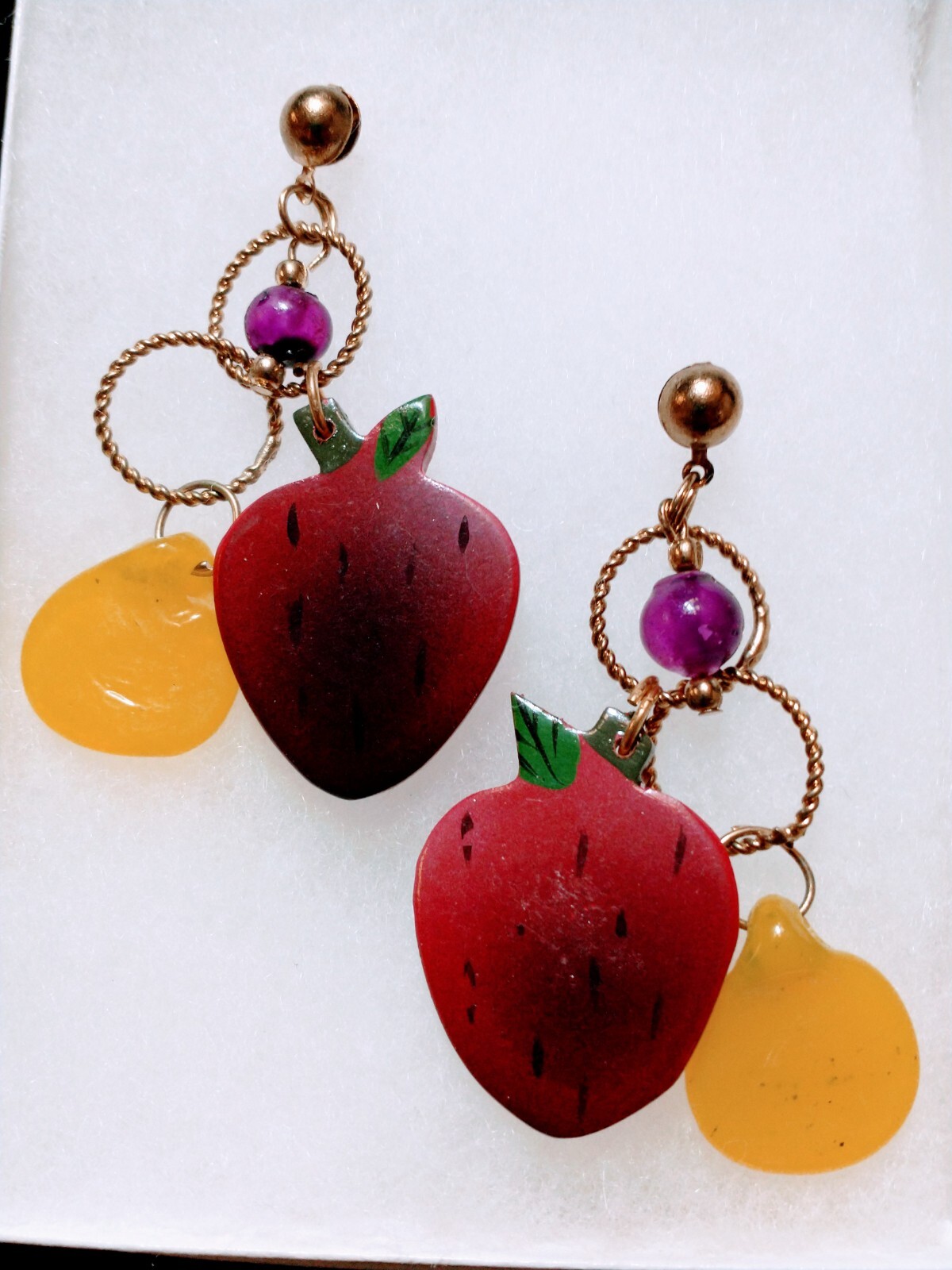 VTG EARRINGS 80’s RETRO Artisan Big HAND Painted STRAWBERRIES🍓 CHUNKY FUN RARE