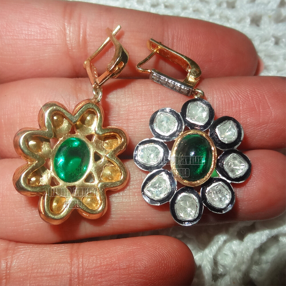 1.91ctw Rose Antique Cut Diamond Emerald Silver Vintage Gorgeous Earring Jewelry