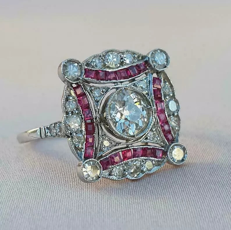 Art Deco Vintage Round Lab Created Diamond & Ruby 14K White Gold FN Wedding Ring