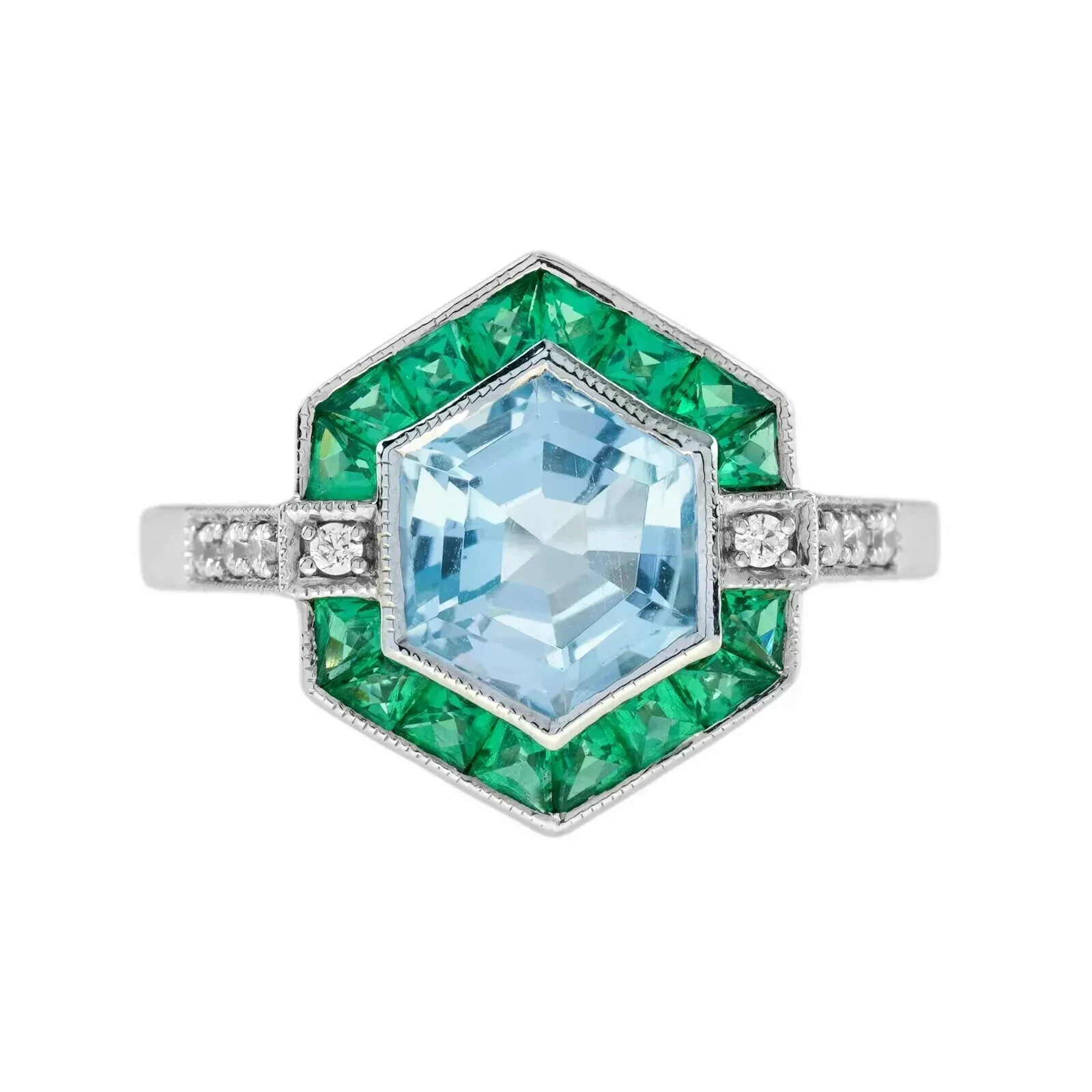 4Ct Art Deco Vintage Aquamarine & Emerald Hexagon 14K White Gold FN Wedding Ring