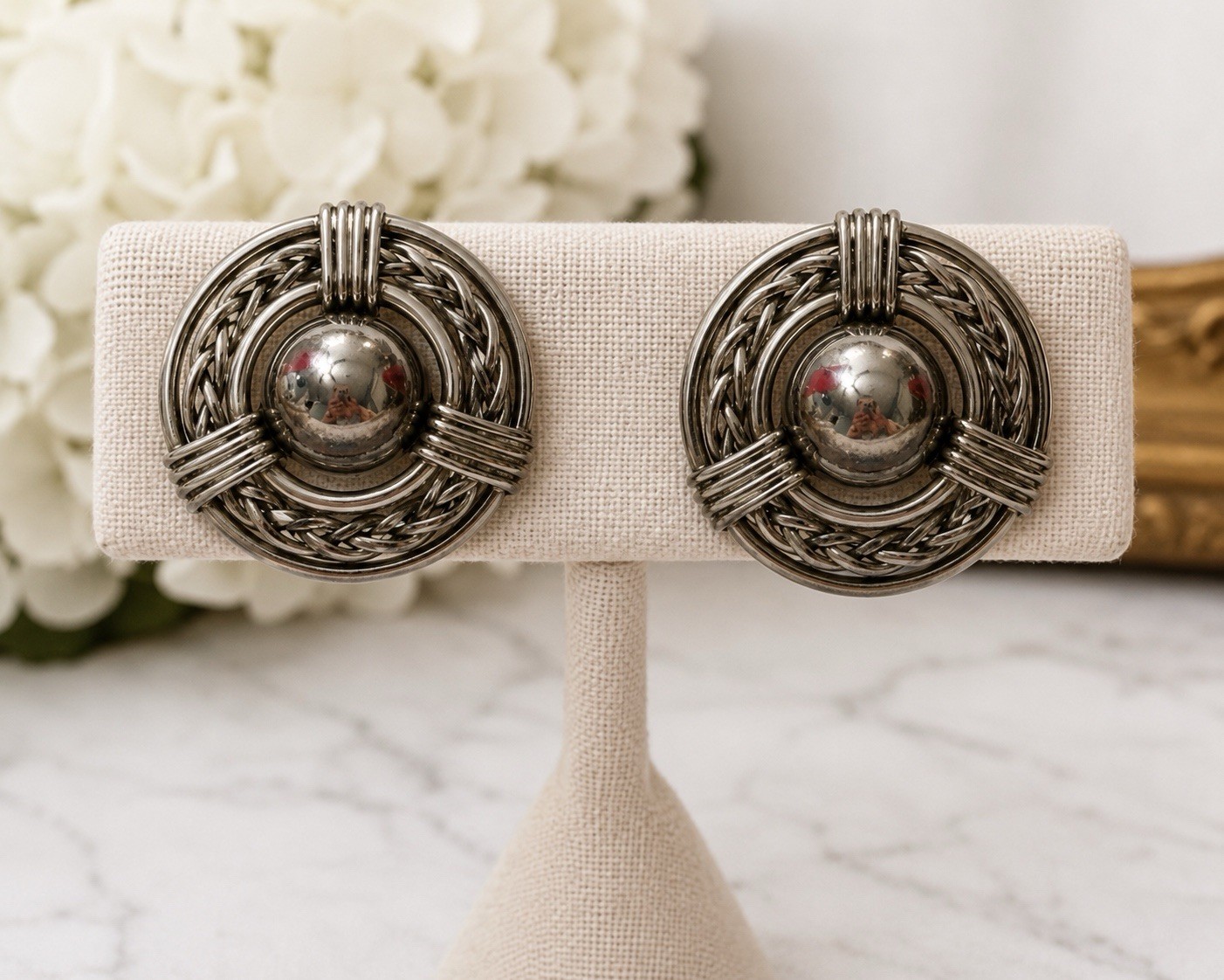 Vintage 1980s Silver Tone Woven Dome Clip On Statement Earrings Modernist Bold